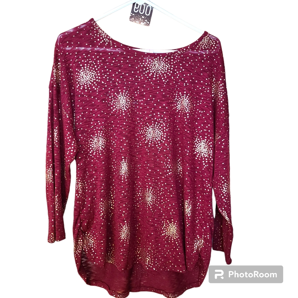 NWT NoBo Size XXL Burgundy Dolman Long Sleeve Sheer Mesh Blouse Gold Foil Accent